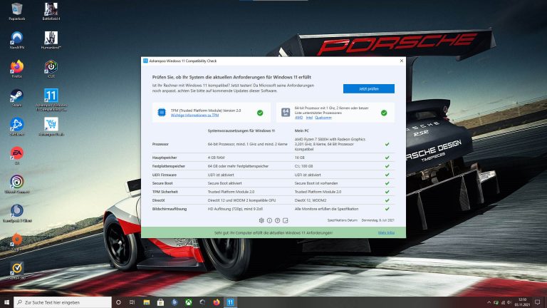 Screenshot vom Ashampoo „Windows 11 Compatibility Check“ unter Windows 10.