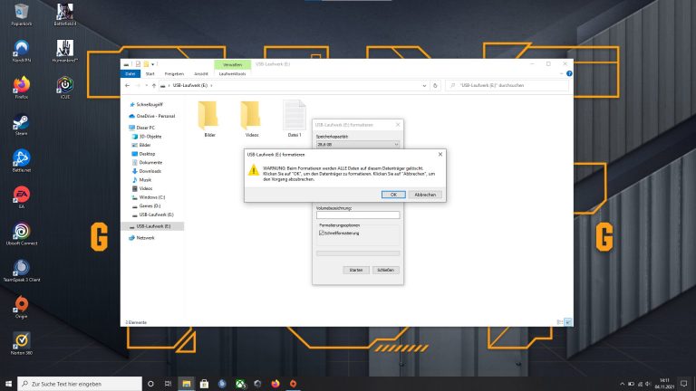 Screenshot der Formatierung eines USB-Sticks unter Windows 10.