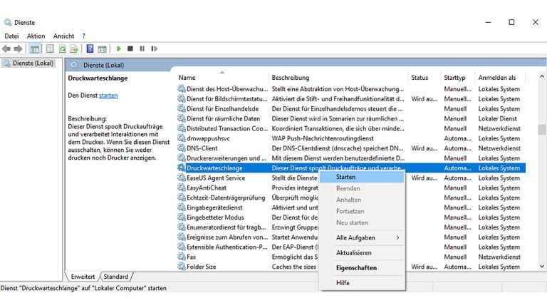 Screenshot Windows Druckerwarteschlange