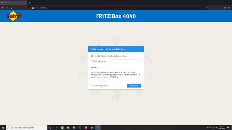 Screenshot der Kennwort-Eingabe des Fritzbox-Menüs.