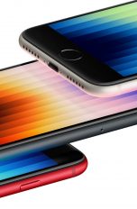 Produktfoto des neuen iPhone SE in den drei verfügbaren Farben Rot, Schwarz und Weiß.