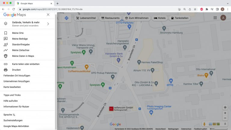 Ein Screenshot des Menüs von Google Maps.