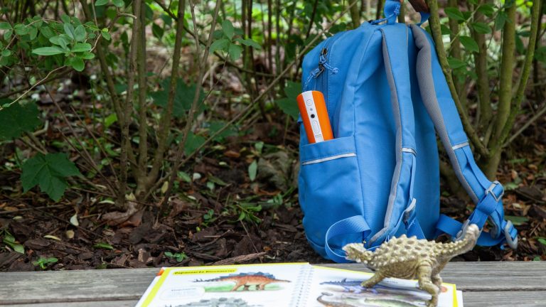 Ein Tiptoi-Buch über Dinosaurier liegt auf einem Holztisch im Freien. Dahinter steckt ein blauer Rucksack, aus dem ein Tiptoi-Stift ragt.