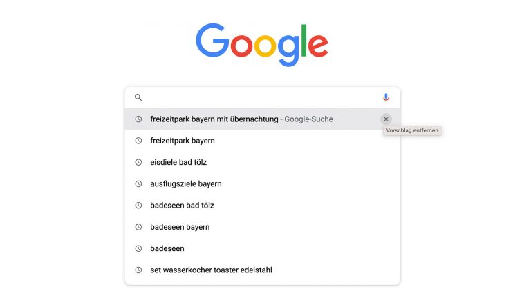 Screenshot eines Webbrowsers, in dem die Google-Suchmaske geöffnet wurde. Zu sehen sind die letzten Suchanfragen.