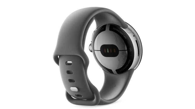 Produktfoto der Rückseite einer Pixel Watch. Zu sehen sind verschiedene Sensoren.