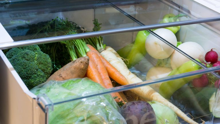 Die befüllte Gemüseschublade eines Kühlschranks ist zur Hälfte aus dem Gerät herausgezogen.