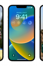 Drei iPhones nebeneinander, auf denen drei unterschiedliche iOS-16-Sperrbildschirme zu sehen sind.