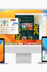 Foto eines iMac und zweier MacBooks, auf denen Screenshots aus macOS 13 zu sehen sind.