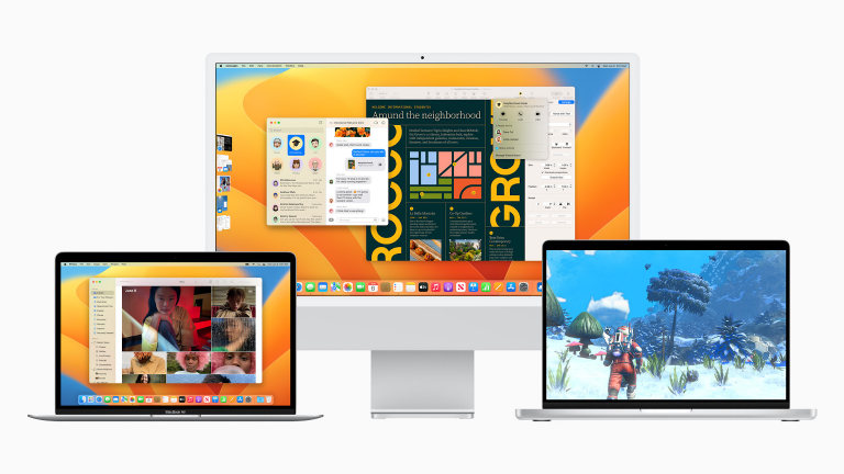 Foto eines iMac und zweier MacBooks, auf denen Screenshots aus macOS 13 zu sehen sind.