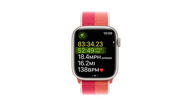 Screenshot von watchOS 9, auf dem gerade eine Radfahren getrackt wird.
