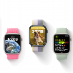 F&uuml;nf Apple-Watch-Modelle, auf denen verschiedene Screenshot aus watchOS 9 zu sehen sind.