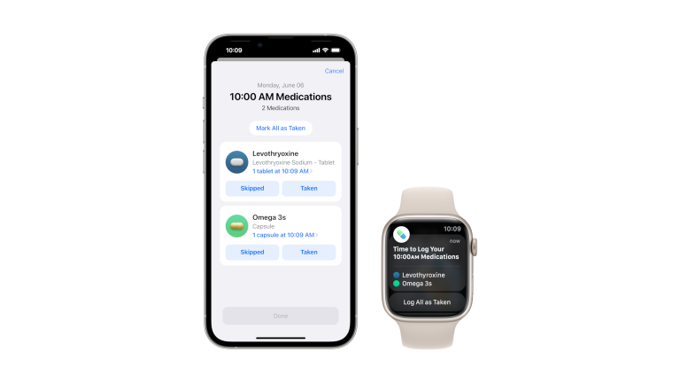 Foto einer Apple Watch und eines iPhone 13 Pro, auf denen Screenshots der neuen Medikations-App zu sehen sind.