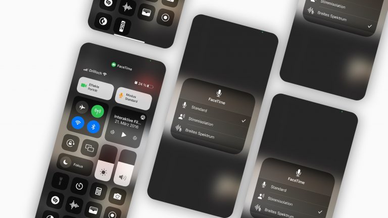 Mehrere Screenshots des iPhone-Kontrollzentrums, auf denen gerade die Stimmisolation aktiviert ist.