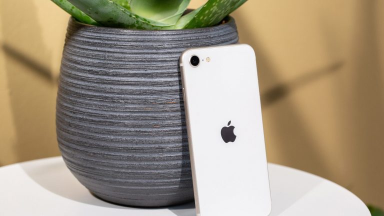 Ein iPhone SE 2022 lehnt an einem Blumentopf.