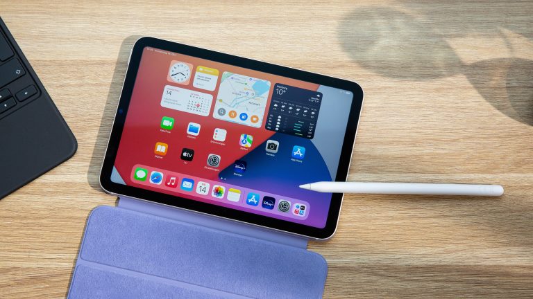 Ein iPad mini samt aufgeklapptem Smart Folio und ein Apple Pencil 2 liegen auf einem Holztisch. Auf dem iPad mini ist der Homescreen mit den Standard-Apps von Apple zu sehen.