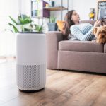 Eine Person liegt mit einem Hund auf dem Sofa. Auf dem Boden davor steht ein Luftreiniger.