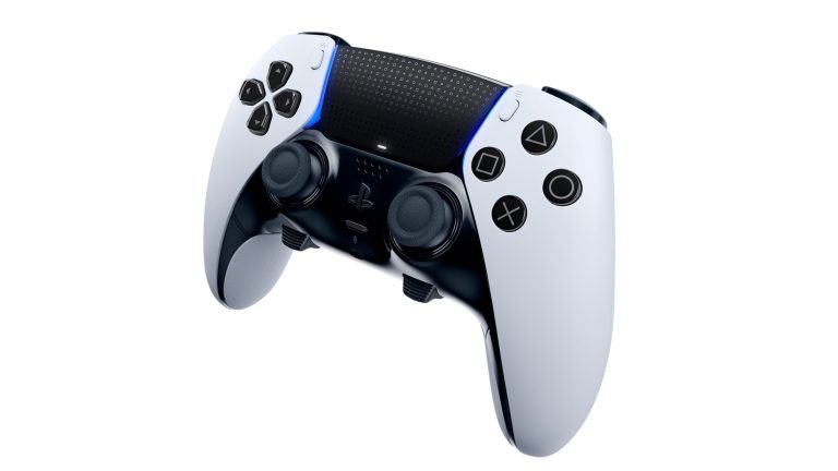 Ein Produktfoto des DualSense Edge für die PlayStation 5. Zu erkennen sind unter anderem die neuen Tasten unterhalb der Analogsticks, um diese aus dem Controller zu nehmen.