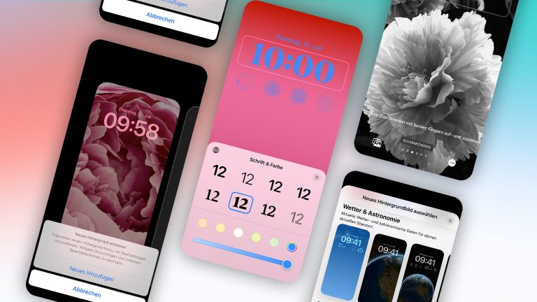 Mehrere Screenshots, die die Gestaltungsoptionen des Sperrbildschirms zeigen.