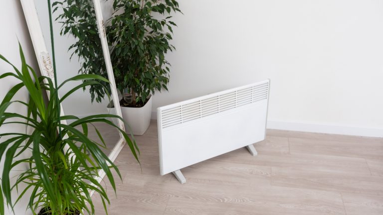 Infrarotheizung Ein Infrarotheizkörper steht in einem Raum vor einem Spiegel und einer Pflanze.