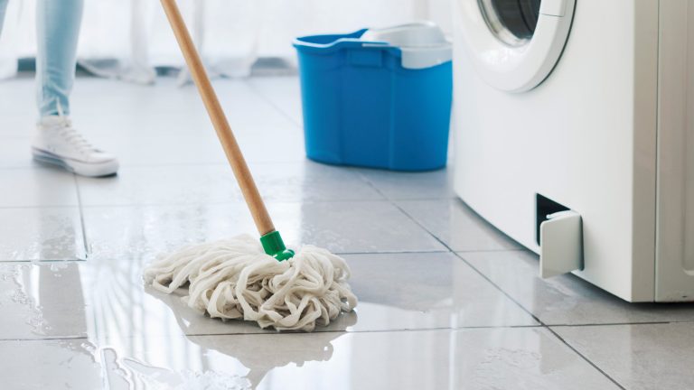 Vor einer Waschmaschine mit geöffnetem Flusensieb steht eine Person mit einem Wischmop.