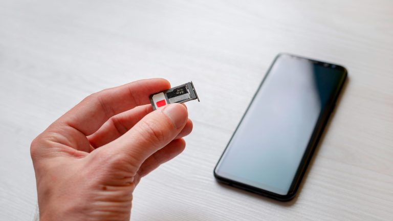 Eine Hand hält einen SlM-Karten-Einschub eines Smartphones ins Bild. In den Einschub sind eine SIM-Karte und eine microSD-Karte eingelegt.