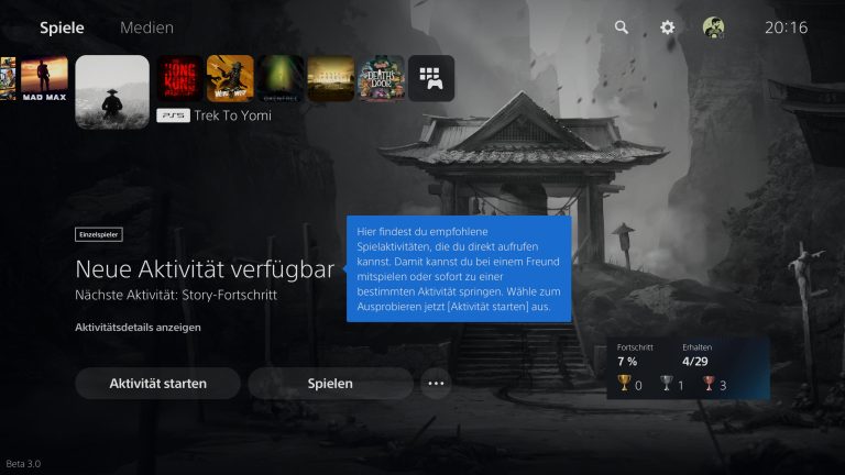 Screenshot einer PS5, auf dem gerade die neuen Aktivitäten angezeigt werden.