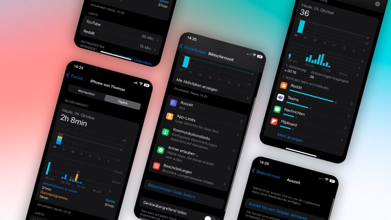 Mehrere Screenshots der Bildschirmzeit unter iOS 16.