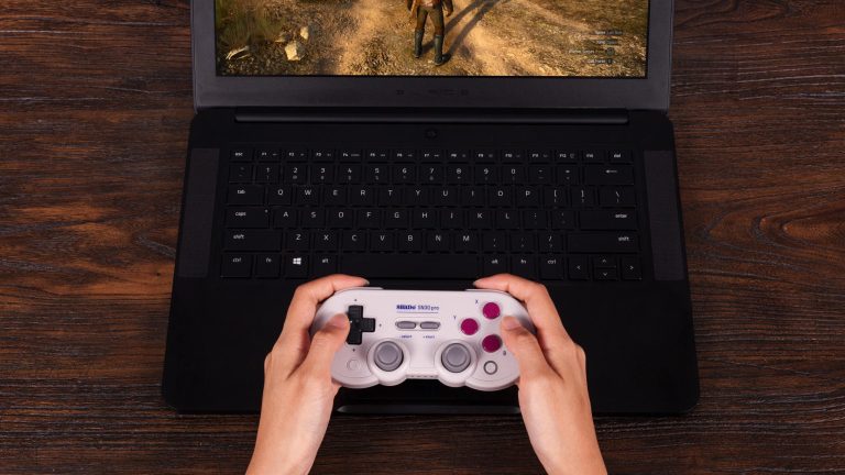 ine Person hält einen SN30 Pro von 8BitDo in der Hand und spielt damit auf einem Laptop.