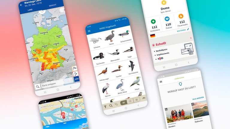 Mehrere Screenshots verschiedener Outdoor-Apps.