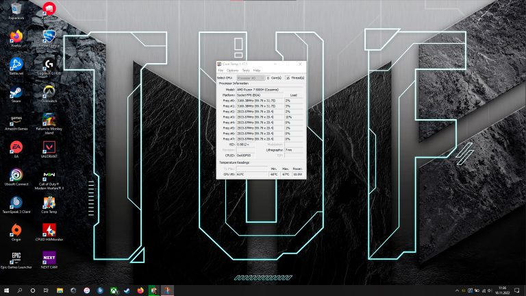 Screenshot der aktiven Anwendung Core Temp auf einem Gaming-Rechner.