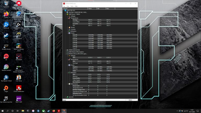 Screenshot von HWMonitor auf einem Gaming-Rechner.