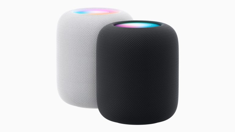 Produktbild des neuen HomePods in Schwarz und Weiß.