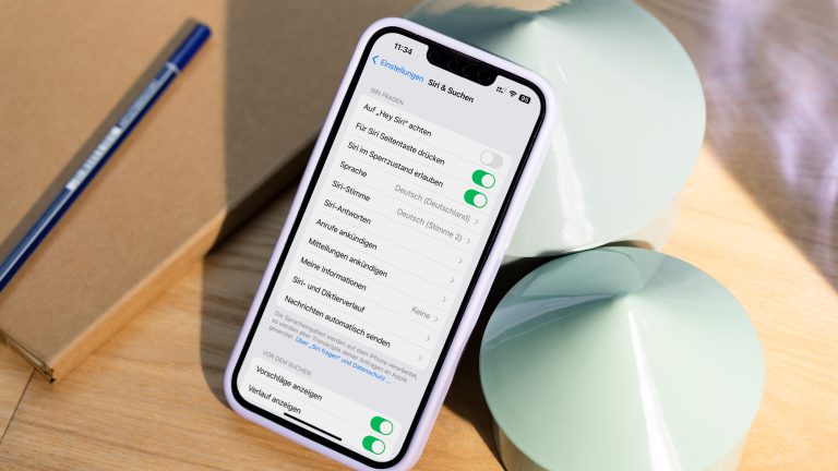 Ein iPhone lehnt zwischen mehreren Deko-Objekten. Auf dem Bildschirm sind die Einstellungen für Siri abzulesen.