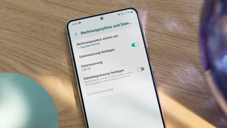 Auf einem Samsung Galaxy S21 sind die Einstellungen geöffnet, in denen sich eine Datenwarnung aktivieren lässt.