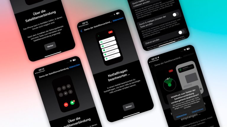 Mehrere Screenshots zu Notruf SOS über Satellit zeigen dessen Funktionsweise.