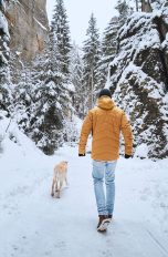 Eine Person in orangefarbener Daunenjacke spaziert mit einem Hund durch eine verschneite Landschaft.