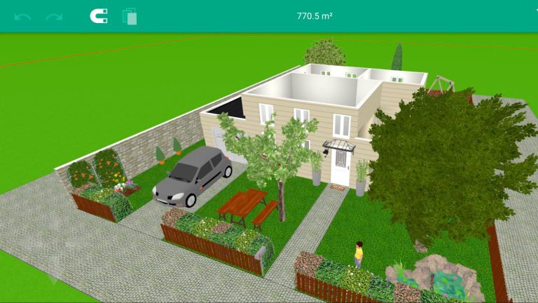 Screenshot der App Home Design 3D Outdoor &amp; Garden mit 3D-Ansicht auf Haus und Garten.
