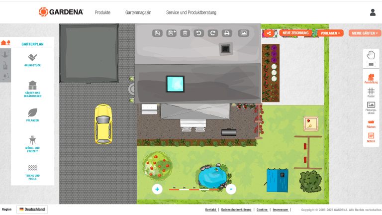Screenshot der Gardena-App mit Draufsicht auf Haus und Garten.