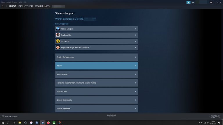 Screenshot von der Steam-Support-Hauptseite.