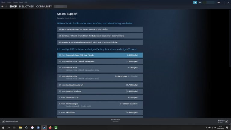 Screenshot von der Steam-Support-Seite mit der Auflistung kürzlich getätigter Käufe.