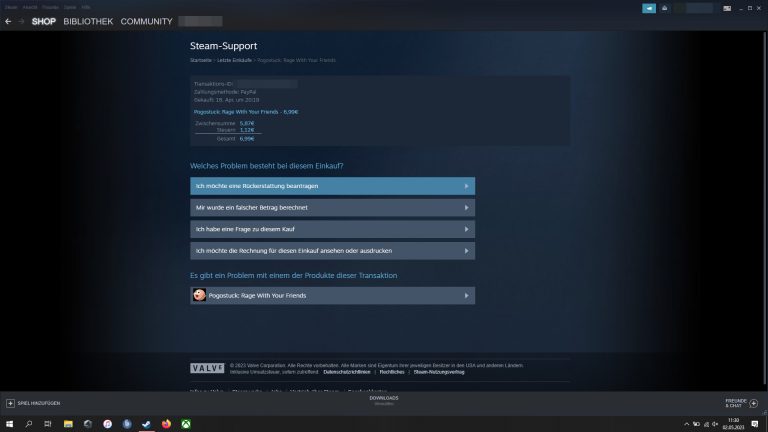 Screenshot von der Steam-Support-Seite mit der Option der Rückerstattung.