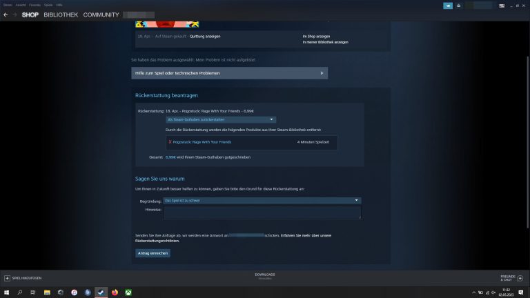 Screenshot von der Steam-Support-Seite mit der Zusammenfassung der Rückerstattung.