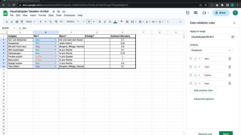 Screenshot von einem befüllten Tabellenblatt mit einem Haushaltsplan.