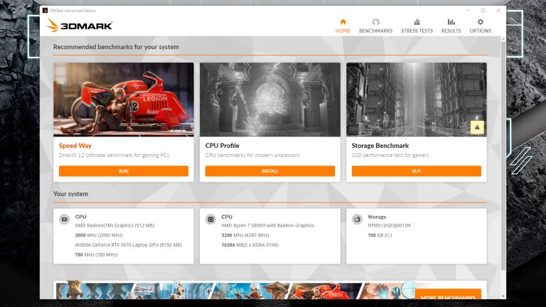 Screenshot der Benutzeroberfläche von 3DMark.