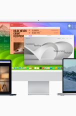 Produktfoto zweier MacBooks und eines iMac, auf denen macOS Sonoma läuft.