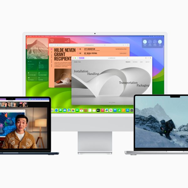 Produktfoto zweier MacBooks und eines iMac, auf denen macOS Sonoma l&auml;uft.