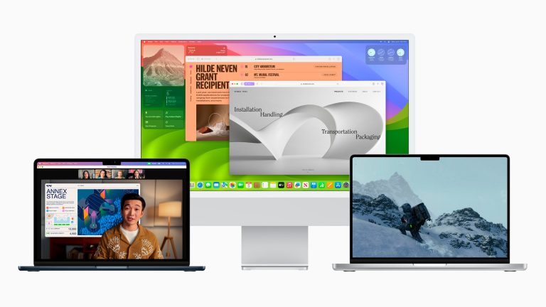 Produktfoto zweier MacBooks und eines iMac, auf denen macOS Sonoma l&auml;uft.