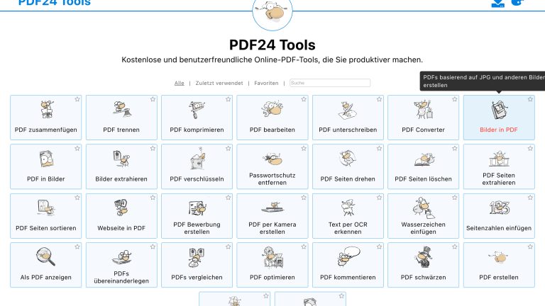 Screenshot des Toolsets von PDF24 in einem Browser.