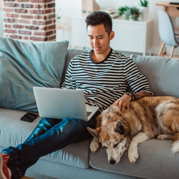 Eine Person sitzt mit einem Hund auf einem Sofa und hat einen aufgeklappten Laptop auf dem Scho&szlig;.
