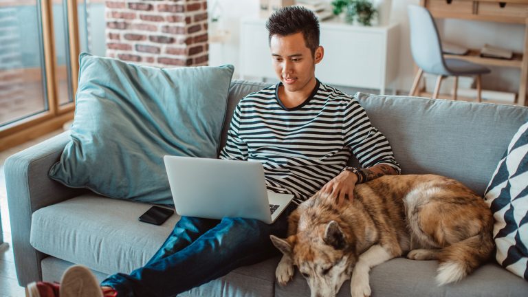 Eine Person sitzt mit einem Hund auf einem Sofa und hat einen aufgeklappten Laptop auf dem Schoß.